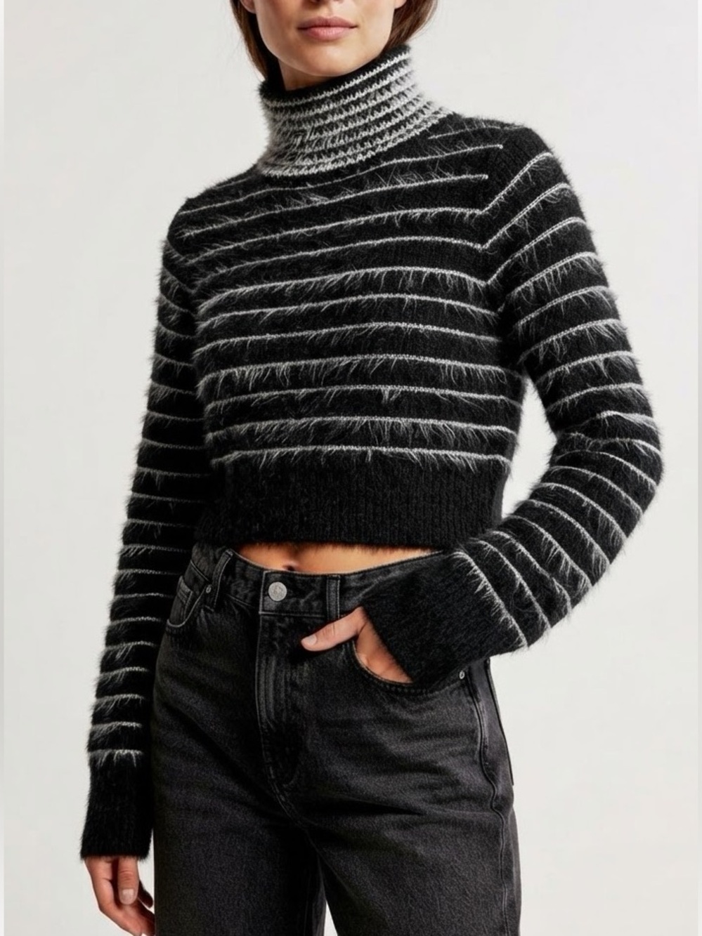 Topshop Over Stripe Mock Neck Cropped Sweater Size 4